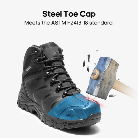 All Black Steel Toe Waterproof Work Boots For Men With Rugged Construction Durable Toe Cap ASTM 2413 18 Safety Rating And Slip Resistant Sole with hammer test