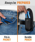 Person placing Engraved Fifteen In One Multitool And Keychain Set Stainless Steel Locking EDC Gear in pocket and belt pouch.