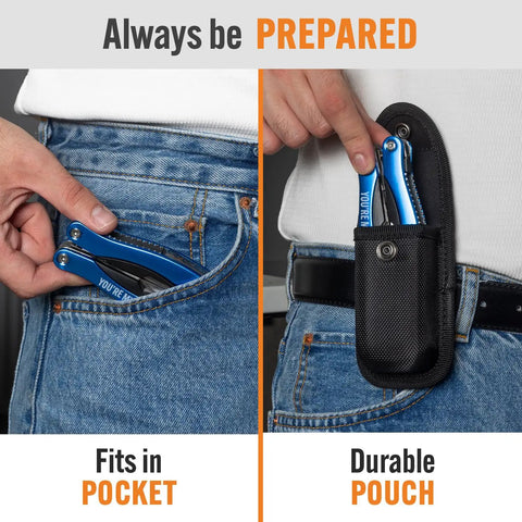Person placing Engraved Fifteen In One Multitool And Keychain Set Stainless Steel Locking EDC Gear in pocket and belt pouch.