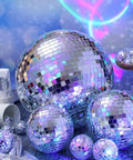 65 Piece Disco Ball Decor Set with mixed size reflective mirror orbs for weddings, parties, carnival, stage lighting