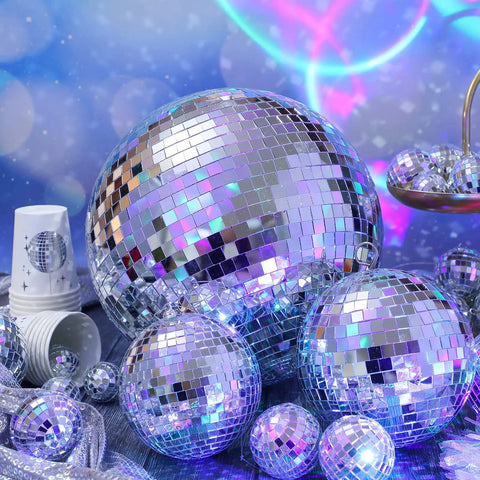 65 Piece Disco Ball Decor Set with mixed size reflective mirror orbs for weddings, parties, carnival, stage lighting