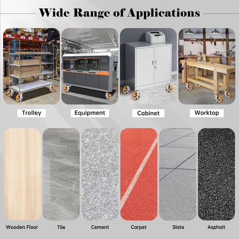 Wide range of applications for Rock Solid Heavy Duty Eight Inch Casters Set Of Four With Swivel Brakes on various surfaces.