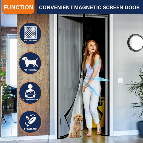 Heavy Duty Magnetic Screen Door With Hands Free Closure Keeps Bugs Out For Sliding Doors, Pet And Kid Friendly, Black Mesh