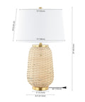 Brass Gold And Light Brown Rattan LED Table Lamp With White Linen Shade, 25 Inches Tall, Coastal Vibe, Bulb Included, dimensions shown