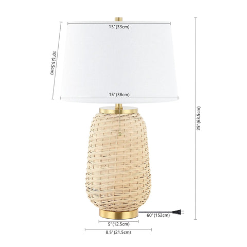 Brass Gold And Light Brown Rattan LED Table Lamp With White Linen Shade, 25 Inches Tall, Coastal Vibe, Bulb Included, dimensions shown