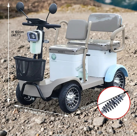 25 Mile Range 4 Wheel Mobility Scooter For Adults And Seniors showing dual seating, comfortable rubber tires, and sturdy basket.