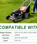 Built Tough Plug And Play Fuel Pump With Filter And Line For Briggs Stratton John Deere Kawasaki Yamaha Small Engine Mower Golf Cart Smooth Runs Guaranteed Replaces 597338 808656, shown with compatible mower on grass.