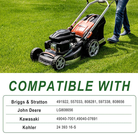 Built Tough Plug And Play Fuel Pump With Filter And Line For Briggs Stratton John Deere Kawasaki Yamaha Small Engine Mower Golf Cart Smooth Runs Guaranteed Replaces 597338 808656, shown with compatible mower on grass.