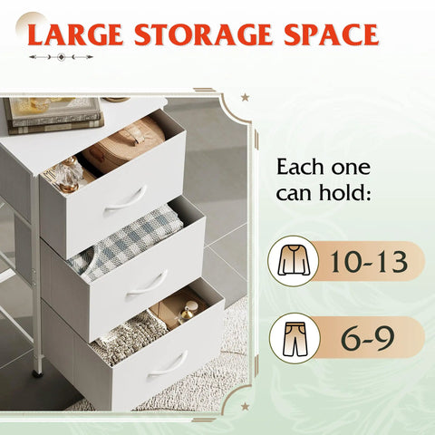 Three Drawer Fabric Storage Nightstand With Wood Top And Steel Frame Easy Pull Handles White Finish storage capacity display