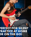 Person playing guitar using Mustang Micro Plus Headphone Amplifier With Bluetooth Streaming, 25 Amp Models and 25 Effects