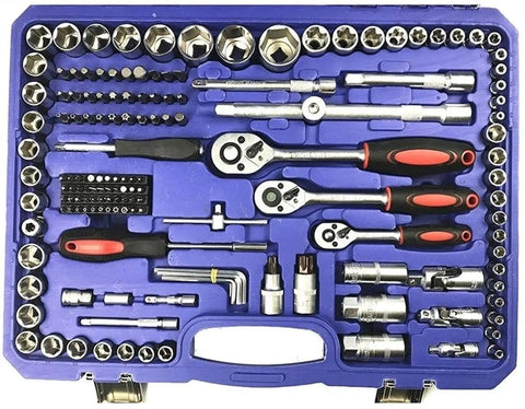Socket Wrench Set For Auto And Home Repair, Mixed Tool Kit With Ratchet And Torque Wrench in open blue case