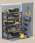 Interior view of 5x3 Ft Outdoor Storage Shed With Lockable Door, Rugged Weatherproof Resin Garden Shed With Floor And Ventilation, showing shelves with tools and equipment.