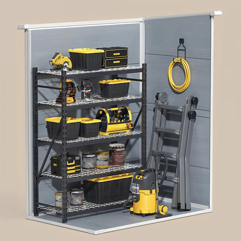 Interior view of 5x3 Ft Outdoor Storage Shed With Lockable Door, Rugged Weatherproof Resin Garden Shed With Floor And Ventilation, showing shelves with tools and equipment.