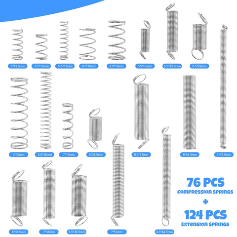 200 Piece Compression And Extension Springs Set 20 Different Sizes In Carbon Steel For All Your Home Fixes And DIY Projects Rust Resistant Durable Springs For Mechanisms Gadgets Latches And More shown with size labels