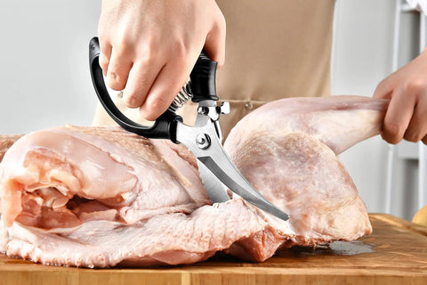 Heavy Duty Poultry Shears Kitchen Scissors For Cutting Chicken And Meat With Spring Loaded Handles, Multipurpose Tool To Butterfly Whole Poultry, Trim Fat, Slice Raw Meat, Chop Herbs, And Cut Veggies With Minimal Hand Strain Like A Boss, spring-loaded stainless steel shears cutting raw chicken