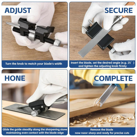 All Metal Chisel Sharpening Kit With Honing Guide And Five Diamond Stones, Adjustable Sharpening Jig in use for woodworking tools