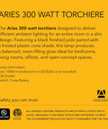 Image of text detailing the Aries 300 watt torchiere with black finish and a frosted cone shade, for ambient uplight.