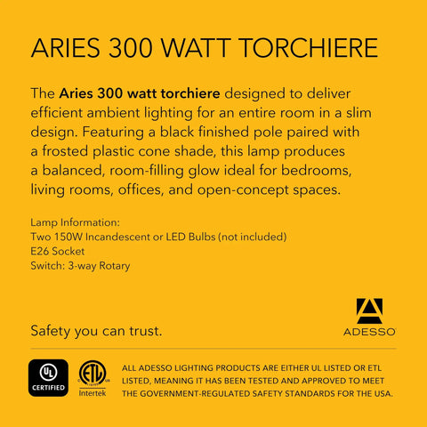 Image of text detailing the Aries 300 watt torchiere with black finish and a frosted cone shade, for ambient uplight.