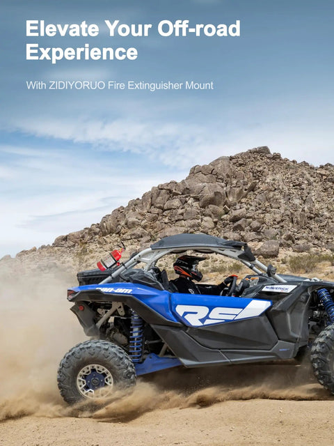 Off-road vehicle equipped with Gear Up With A Quick Release UTV Fire Extinguisher Mount Kit climbing rocky terrain