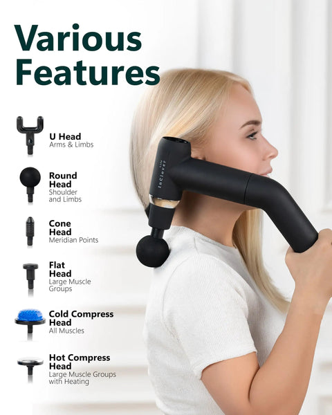 Deep Tissue Massage Gun With Detachable Extension Handle For Back And Shoulders Heated Percussion Massager in use on neck