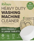 Box of Heavy Duty Washing Machine Cleaner and Descaler Tablets with Deodorizer, Extra Large 40 Gram Tabs visible with tablet.