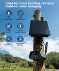 Trail camera with attached solar panel kit featuring solar charging for 12V power and 5200mAh battery, IP66 waterproof.