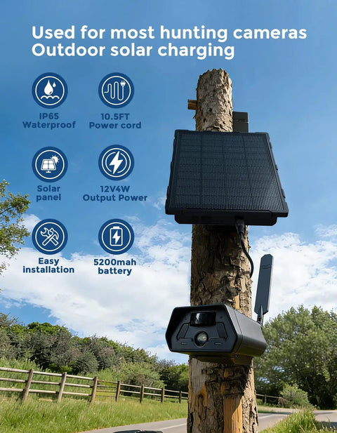 Trail camera with attached solar panel kit featuring solar charging for 12V power and 5200mAh battery, IP66 waterproof.