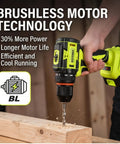 Heavy Lifting 21v Brushless Cordless Drill And Driver With Two Speed Gears drilling into wood with brushless motor technology.