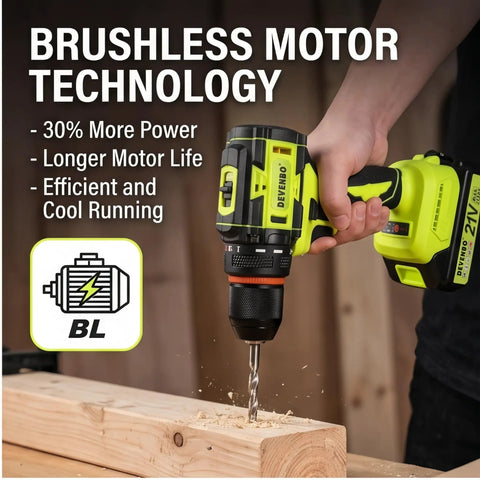 Heavy Lifting 21v Brushless Cordless Drill And Driver With Two Speed Gears drilling into wood with brushless motor technology.