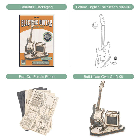 Wooden 3D Guitar Puzzle Kit For Adults Build Your Electric Guitar Model Realistic Diy Desk Decor Creative Hobby Gift Easy Assembly With Detailed Instructions For Crafters, wood parts and model