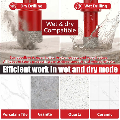 Ultra Durable 8-Piece Diamond Hole Saw Kit With Hex And SDS Adapters For Dry Or Wet Cutting Tile Granite Marble Glass Stone 1/4 To 1-3/8 Inch, wet and dry drilling