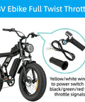 48V Half Twist Throttle With LED Display And Key Lock for ebikes, with wiring detail, shown next to electric bike model.
