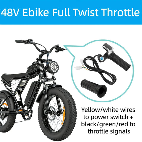 48V Half Twist Throttle With LED Display And Key Lock for ebikes, with wiring detail, shown next to electric bike model.
