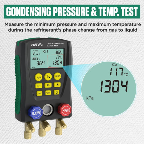 BELEY digital manifold gauge set with dual pressure/temperature display, yellow control buttons, and brass hose fittings