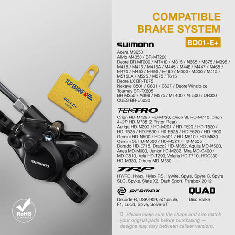 Disc Brake Pads For Electric Bikes And E MTB Beefed Up Braking Compatible with Shimano Deore M515 M525 visible with brake caliper.