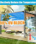 Custom Design Patio and Gazebo Backdrop Screen With UV Resistant PVC Sun Shade And Dope HD Color Printed Shade Cloth Cover For Backyard Balcony Outdoor Garden displaying 90% UV block feature over tropical beach print.