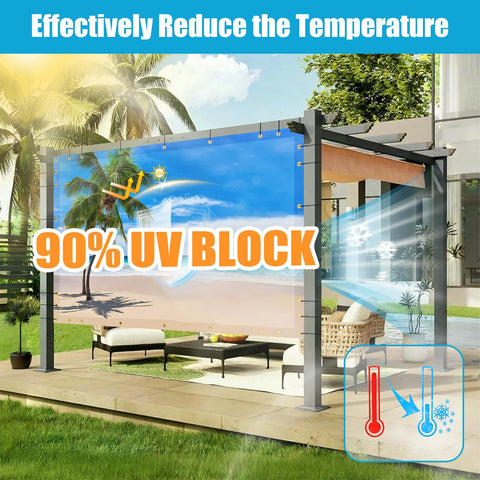 Custom Design Patio and Gazebo Backdrop Screen With UV Resistant PVC Sun Shade And Dope HD Color Printed Shade Cloth Cover For Backyard Balcony Outdoor Garden displaying 90% UV block feature over tropical beach print.
