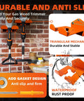 Heavy Duty Weedeater Wall Hanger Rack For Trimmers And Weed Eaters mounted on brick wall, showing orange hooks and screws