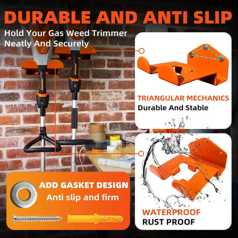 Heavy Duty Weedeater Wall Hanger Rack For Trimmers And Weed Eaters mounted on brick wall, showing orange hooks and screws