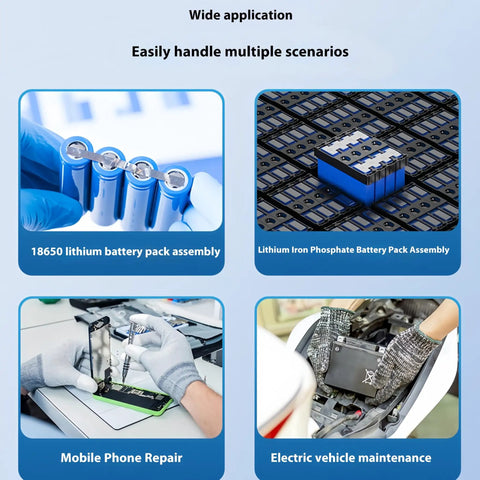 Spot Welding Machine For Lithium Battery Assembly And Jewelry Repair With 999 Level Precision shown with four applications