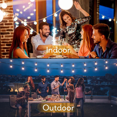 Indoor and outdoor party scenes under 100Ft Outdoor String Lights Two Pack 50Ft Each With Shatterproof G40 Dimmable Bulbs.