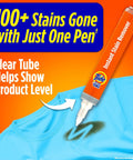 On The Go Stain Remover Pen For Clothes, Instant Spot Cleaner in use on blue shirt, showcasing stain removal