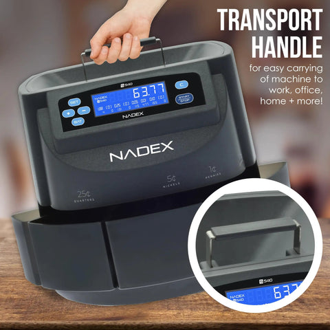 Efficient Coin Counter Sorter And Wrapper Machine with handle for transport and digital display panel.