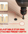 Front view of countersink drill bit set with 1/4 in hex shank, shown countersinking a wood screw flush into a board