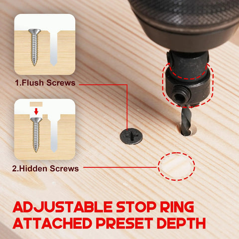 Front view of countersink drill bit set with 1/4 in hex shank, shown countersinking a wood screw flush into a board