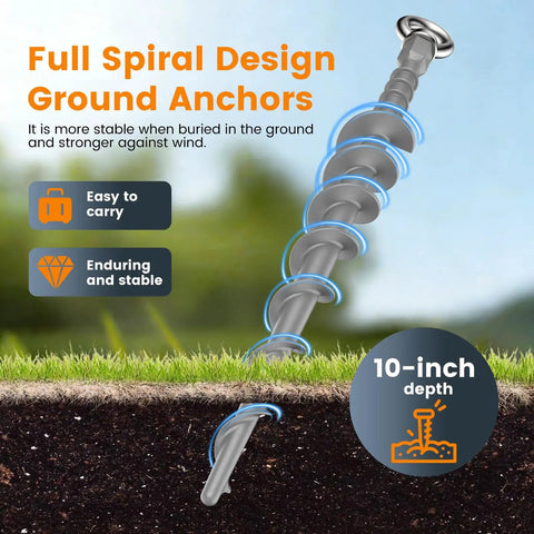 Illustration of 12 Pack Screw-In Ground Anchors For Tents And Outdoor Gear with 12 Inch aluminum spike buried in soil showing auger design.