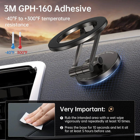 All Metal MagSafe Car Mount with 3M adhesive on dashboard, showing flexible arm and installation instructions, for Tesla screens.