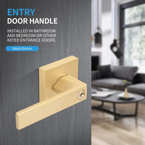 Modern gold door lever with key, installed on interior door, 5 Pack Modern Gold Door Levers With Keys For Entry Front Exterior And Interior Doors Keyed Alike Privacy Lock Levers For Bedroom Bathroom And Hallway Everywhere.