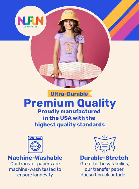 Girl holding skateboard with text promoting Dark Fabric Iron On Transfer Paper For T Shirts 8.5x11 Inches 5 Sheets Pro Grade.