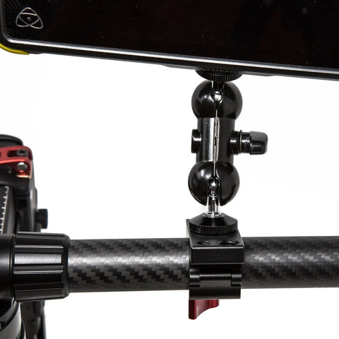 Close-up of Beefed Up 360 Degree Rotating Monitor Mount and Clamp for 25mm Round Rods attached to stabilizer system